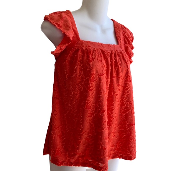 NWT Small Lauren Conrad Sleeveless Ruffle Top Textured Lined Coral Cross Back - Picture 2 of 3